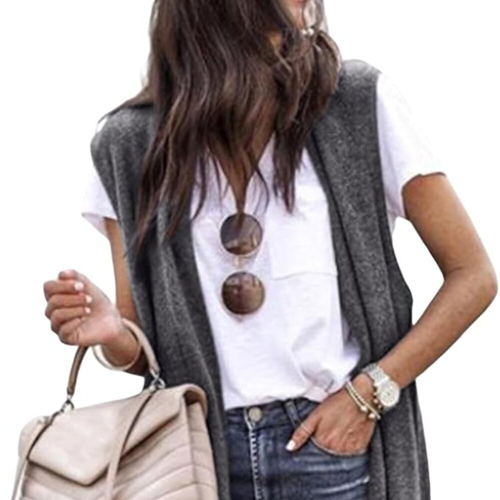 Arianne Grey Sleeveless Long Cardigan Vest, Made in Canada, Size Medium